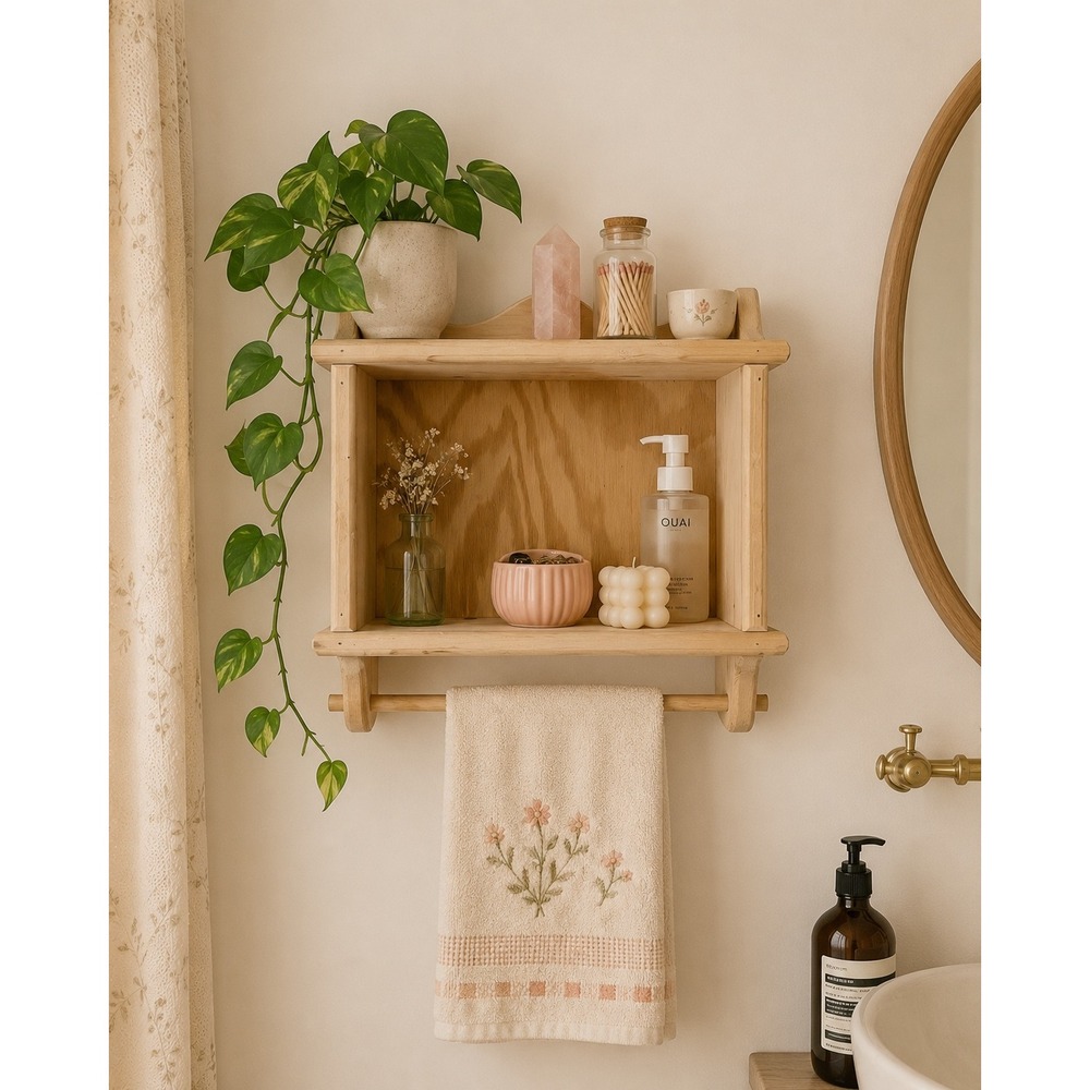 Vtg Wooden Wall Display Shelf towel Cottage Farmhouse Trinket granny bathroom 14